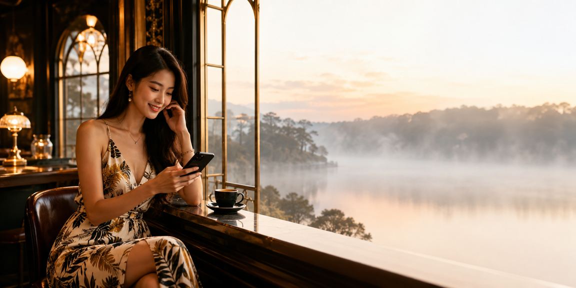 Người chơi thư giãn với thiết bị di động tại quán cà phê Đà Lạt