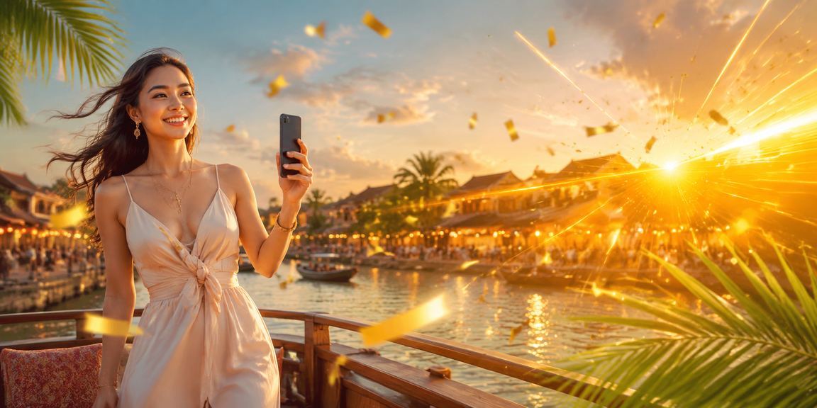 Người dùng tại Hội An xem kèo bóng đá trên điện thoại bên quán cà phê